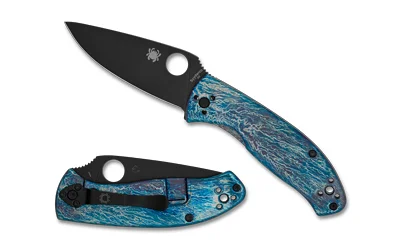 Spyderco Tenacious Ti Disry black and blue folding knife, open and closed right-side views