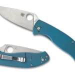 Spyderco Tenacious Ti blue and silver folding knife, open left-side and closed clip-side views