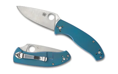 Spyderco Tenacious Ti blue and silver folding knife, open left-side and closed clip-side views