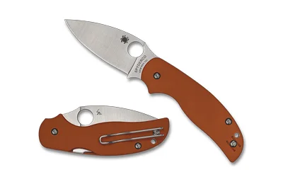 SPYDERCO SAGE 5 burnt orange folding knife shown open and closed with silver blade and pocket clip