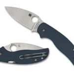 SPYDERCO SAGE 5 blue folding knife shown open and closed with silver blade and pocket clip