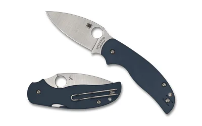 SPYDERCO SAGE 5 blue folding knife shown open and closed with silver blade and pocket clip