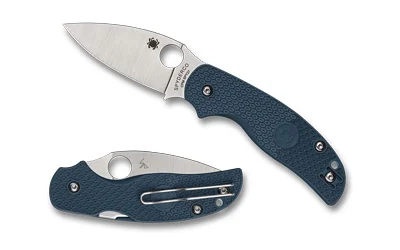 SPYDERCO SAGE 5 LTWT blue folding knife shown open and closed with silver blade and pocket clip
