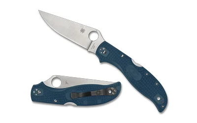 SPYDERCO STRETCH 2XL LW blue folding knife, open and folded views with silver blade and pocket clip