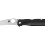 SPYDERCO CHARISMA LW black folding knife, open side view with slim silver blade and round thumb hole