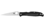 SPYDERCO CHARISMA LW black folding knife, open side view with slim silver blade and round thumb hole