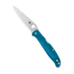 SPYDERCO CHARISMA LW blue folding knife, open side view with silver blade and round thumb hole