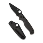 Spyderco ButtonUp CF PE black folding knife shown open and closed with thumb holes