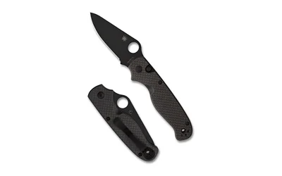primary-11306 Spyderco ButtonUp CF PE black folding knife shown open and closed with thumb holes