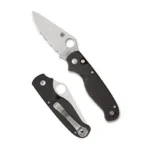 Spyderco ButtonUp CF PS black folding knife open with silver serrated blade and closed view