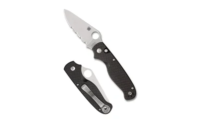 primary-11307 Spyderco ButtonUp CF PS black folding knife open with silver serrated blade and closed view