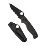 Spyderco ButtonUp CF PS black folding knife open with serrated blade and closed view