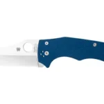 Spyderco Yojumbo open knife, left side, silver blade and blue handle with finger grooves