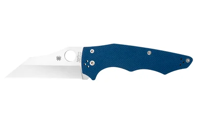 Spyderco Yojumbo open knife, left side, silver blade and blue handle with finger grooves