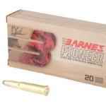 BARNES PIONEER, tan ammunition box in front view with two brass cartridges