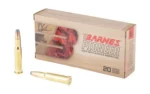 BARNES PIONEER, tan ammunition box in front view with two brass cartridges