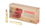 BARNES PIO, tan ammunition box in front view with two brass cartridges
