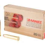 BARNES PIONEER, tan ammunition box in front view with two brass cartridges