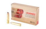 BARNES PIONEER, tan ammunition box in front view with two brass cartridges