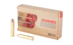 BARNES PIONER, tan ammunition box in front view with two brass cartridges
