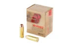 BARNES PIO, tan ammunition box in angled front view with two brass cartridges