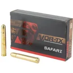 BARNES VOR-TX SAF 458WM 450GR 20/200 black and red box with two brass cartridges, front view