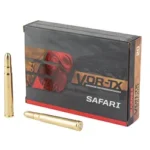 BARNES VOR-TX SAF ammunition box with two brass cartridges, front angled view