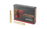 BARNES VOR-TX SAF ammunition box with two brass cartridges, front angled view