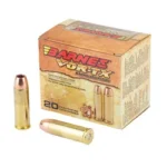 BARNES VOR-TX HG ammunition box with two brass cartridges, front angled view