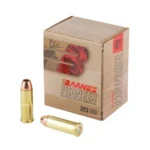 BARNES PIONER ammunition box with two brass cartridges, front view