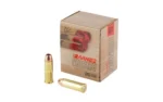 BARNES PIONER ammunition box with two brass cartridges, front view