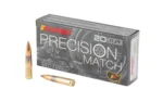 Barnes Precision Match, gray ammunition box with two brass cartridges in front