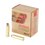 Barnes Pioneer ammunition box with two brass cartridges, front three-quarter view