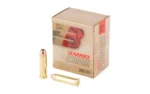 Barnes PIO ammunition box with two brass cartridges, front three-quarter view