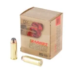 BARNES PIONEER, tan ammunition box with two upright and one horizontal brass cartridges