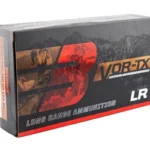 BARNES VOR-TX LR, angled front view of black and orange ammunition box