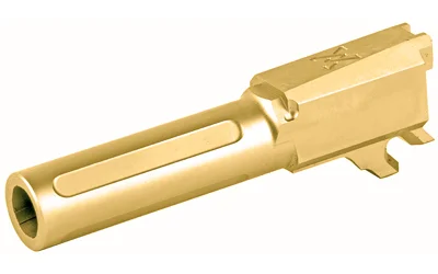 TRUE PREC P365 BBL gold barrel, angled side view with rectangular chamber block