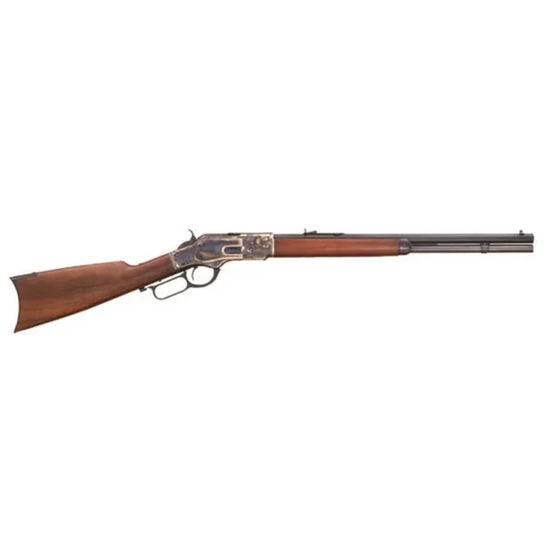 Cimarron 1873 Short Rifle, right-side view with walnut stock, lever action and blued barrel