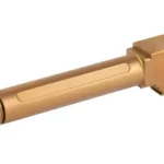 TRUE PREC barrel for RUG RXM, copper-colored threaded barrel in angled side view