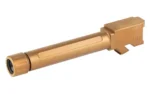 TRUE PREC barrel for RUG RXM, copper-colored threaded barrel in angled side view