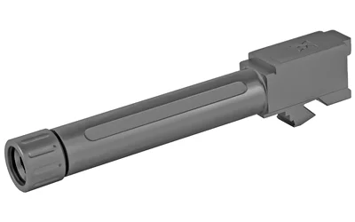TRUE PREC BBL FOR G19 BLK DLC TB gray barrel, angled front view with threaded muzzle