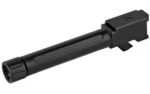 TRUE PREC BBL FOR G19 BLK NIT TB black barrel, angled front view with threaded muzzle