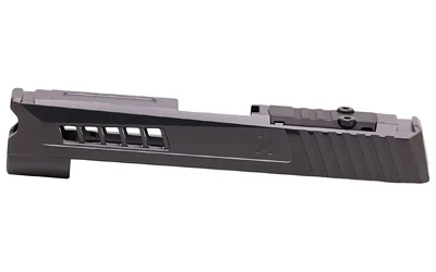 True Prec P365XL Slide RMS Cut, black slide in left-side view with top sight and side cutouts