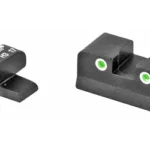 TRIJICON NS XD 9/40/45/357 black front and rear sights with green dot outlines, angled views