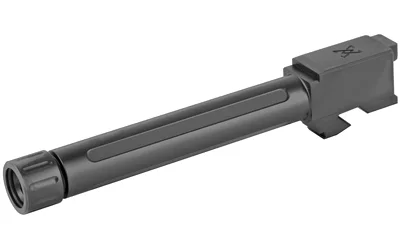 TRUE PREC BBL FOR G17 BLK DLC TB black threaded barrel in angled side view with fluted sides