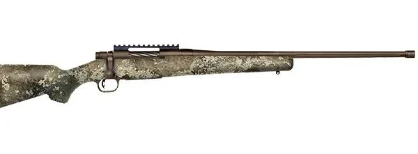 Mossberg Patriot Predator Rifle, left-facing side view with Strata camouflage stock