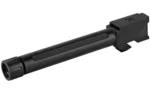 TRUE PREC BBL FOR G17 BLK NIT TB black threaded barrel in angled side view with fluted sides