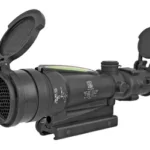 TRIJICON ACOG 3.5X35 GRN HS TA51 MNT black optic in rear-left view with open lens caps and mount