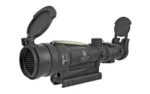 TRIJICON ACOG 3.5X35 GRN HS TA51 MNT black optic in rear-left view with open lens caps and mount