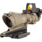 TRIJICON ACOG 4X32 GRN CH 223 RMR DE tan optic in front-left view with top reflex sight and black mount